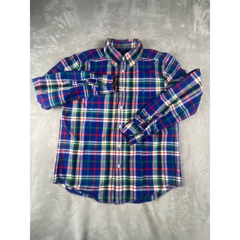 Polo Ralph Lauren Boys Blue Multi Color Plaid Button Down Shirt Size L 14-16